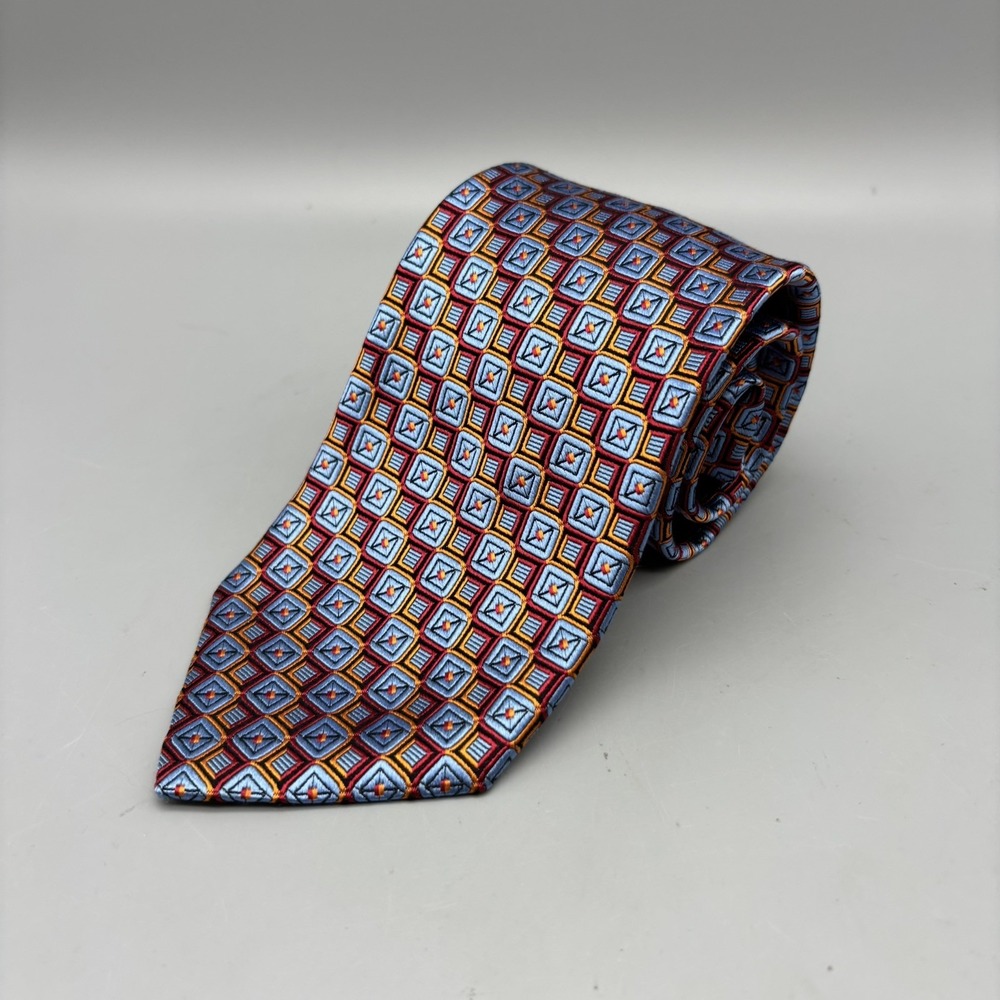 Men DIOR SIGNATURE Tie 100% Italian Silk Made In Canada Blue Red Orange 61" Long